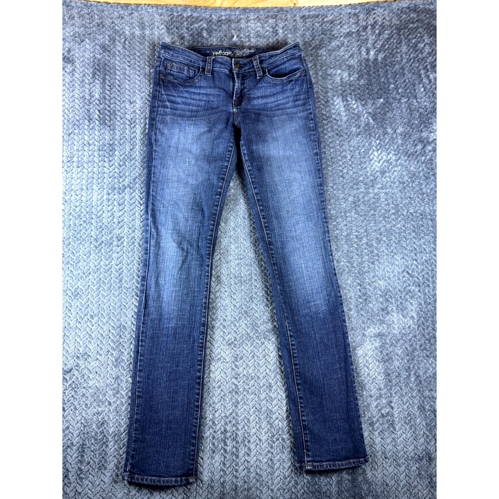 Refuge Jeans Women 7 Blue Denim Medium Wash Embroidered Pockets Straight Leg